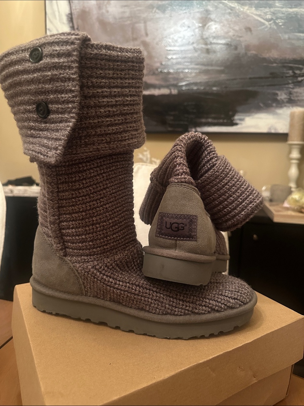 UGG Taupe Knit Fold-Over Button Boots